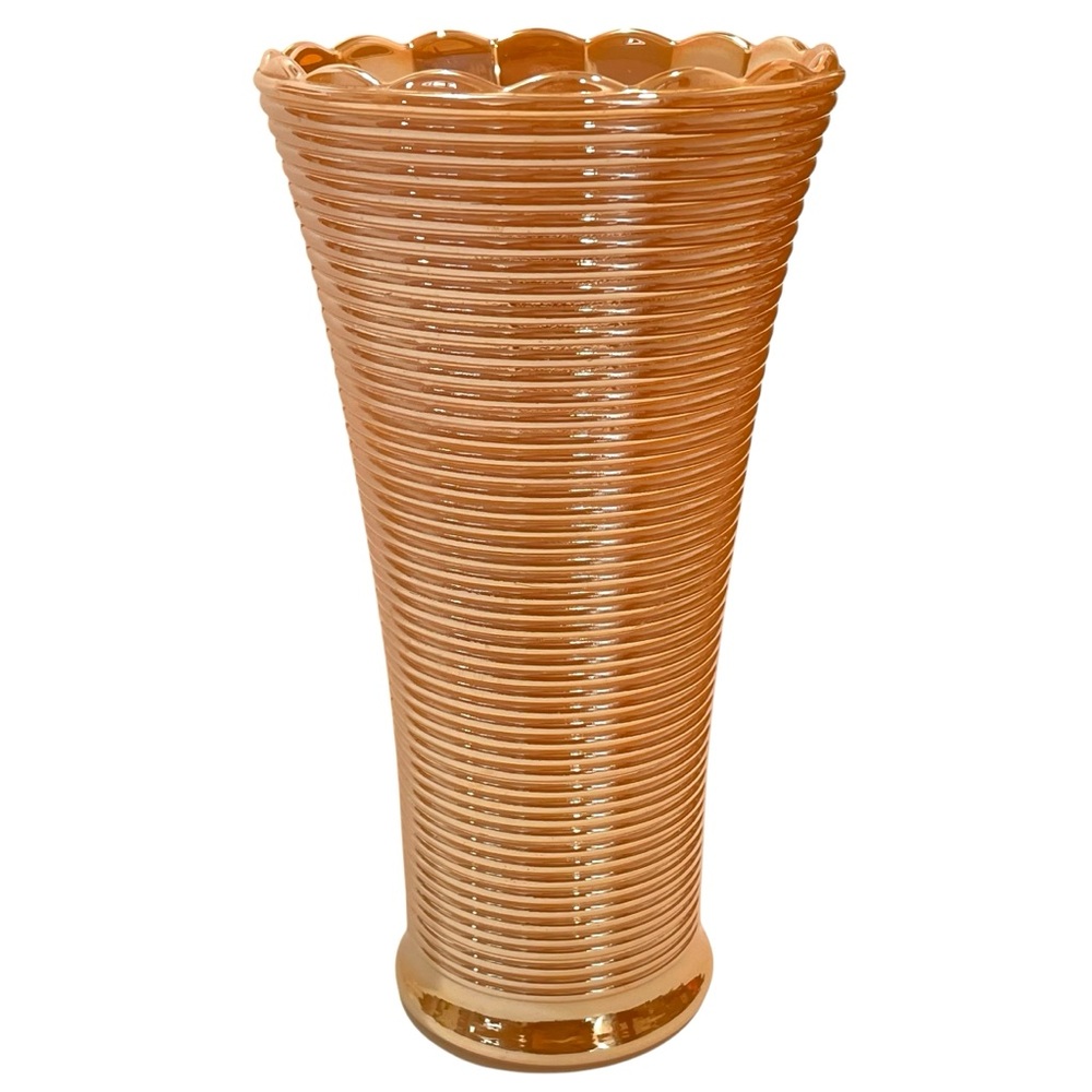 Vintage 1960s Fire King Peach Luster Milk Glass Ribbed Vase - Anchor Hocking